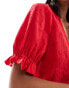 Pieces tie front statement sleeve top in poppy red