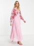 ASOS DESIGN Tall batwing plunge pleated maxi dress with embroidery in pink