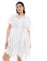 Фото #1 товара In The Style Plus lace applique puff sleeve belted mini shirt dress in white