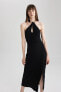 Фото #7 товара Платье женское Defacto Bodycon с разрезом черное из смесовой льняной ткани