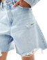 Stradivarius Petite denim dad short with rips in light blue