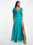 ASOS DESIGN Petite satin spot flutter sleeve maxi dress with open back in deep aqua