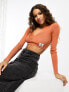 Фото #1 товара Calvin Klein Jeans label tight crop v-neck sweater in burnt clay