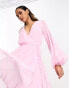 ASOS DESIGN wrap balloon sleeve midi dress with tie waist detail in pink