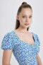 Coool Kalp Yaka Floral Maroken Kısa Kollu Mini Elbise A9484ax23sm