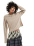 COLLUSION long sleeve boxy v-neck waffle t-shirt in beige