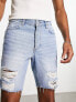 Фото #7 товара ASOS DESIGN classic rigid regular length denim shorts in light wash blue with rip