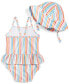 ფოტო #2 პროდუქტის Baby Girls Striped One Piece Swimsuit and Hat, 2 Piece Set, UPF 50, Created for Macy's