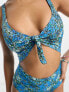 Monki tie front swimsuit in blue floral print