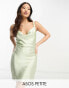 Фото #2 товара ASOS DESIGN Petite satin cowl neck mini slip dress with daisy trim straps in apple green