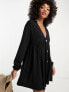ASOS DESIGN long sleeve mini smock dress with buttons in black