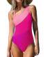 Women Color Contrast One Shoulder Cut Out Back Tummy Control One Piece Swimsuit