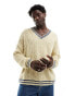 ASOS DESIGN oversized cable knit cricket jumper in cream with navy tipping Бежевый, 2XL - Chest 46-48 - фото #2