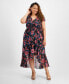 Plus Size Floral Print Flutter-Sleeve Faux-Wrap Midi Dress Black/Pink, 1X - фото #1