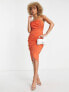 Rare London – Drapiertes Midi-Bleistiftkleid in Orange aus Netzstoff mit Wickeldesign