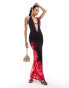 Фото #1 товара Murci halterneck plunge neck maxi dress in black and red flower print