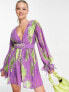 Фото #1 товара ASOS DESIGN pleated balloon sleeve mini dress with belt in purple floral print