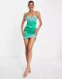 Missyempire contrast lace satin mini dress in green and turquoise blue