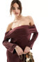 Фото #4 товара ASOS DESIGN satin bardot layered midi dress with long sleeves in wine