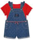 Фото #2 товара Baby Girls 2-Pc. Ribbed-Knit Logo Graphic T-Shirt & Printed Denim Shortalls Set