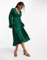 Фото #8 товара TFNC satin midi wrap dress with faux feather cuffs in emerald green