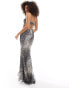 ASOS DESIGN embellished bodice maxi dress with open back in grey animal print