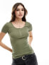 Pieces ribbed top with poppers in khaki green M - фото #1