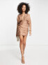 ASOS DESIGN washed twist front long sleeve mini dress with ruching in camel