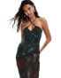 Фото #2 товара ASOS DESIGN sheer asymmetric strappy neckline layered ruched maxi dress with body in abstract print