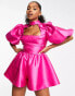 Фото #1 товара ASOS DESIGN puff sleeve taffeta playsuit with cut out in hot pink