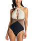 ფოტო #1 პროდუქტის Women's Colorblocked High-Neck Keyhole Twist-Detail One-Piece Swimsuit