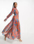 Фото #2 товара Urban Revivo tiered high neck maxi dress in red and blue print