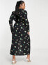 Фото #2 товара ASOS DESIGN Curve ruched front button up wrap shirt midi dress in black floral print
