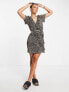 Фото #1 товара ASOS DESIGN plisse short sleeve ruffle wrap mini dress in brown leopard print