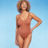 Фото #3 товара Women's Tunneled Plunge One Piece Swimsuit - Shade & Shore Brown XS