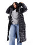 River Island Plus maxi belted puffer with faux fur hood in black