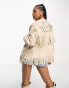 Фото #4 товара Miss Selfridge fringe embroidered longline faux leather jacket in stone