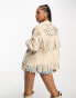 Фото #2 товара Miss Selfridge fringe embroidered longline faux leather jacket in stone