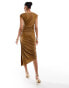 & Other Stories slinky midi dress with ruche detail and thigh split in brown Коричневый, S - EU 36-38 - фото #5