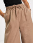 Lola May Petite straight leg trousers with drawstring waist in chocolate brown