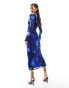 ASOS DESIGN floral ruffle v neck midi dress with flared sleeve in blue floral print 34 - фото #6