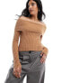 ASOS DESIGN knitted off shoulder bardot jumper in teddy yarn in tan M - фото #1