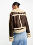 Фото #3 товара Miss Selfridge faux leather borg lined zip front trucker jacket in brown