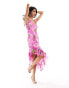 Фото #1 товара ASOS DESIGN satin burnout cami dress with asymmetric frill hem in bright pink floral