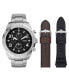 Men's Bronson Chronograph, Silver-Tone Stainless Steel Bracelet Watch, 50mm and Interchangeable Brown Leather Strap, Black Silicone Band Set