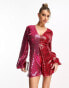 Фото #3 товара Jaded Rose balloon sleeve sequin playsuit in pink and red