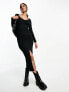 Фото #1 товара ASOS DESIGN v neck long sleeve ribbed midi dress with front split detail in black