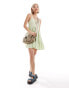 COLLUSION cotton linen tiered sun dress with bunny tie and ring detail in sage