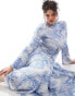 Фото #3 товара ASOS DESIGN Curve mesh high neck long sleeve a-line maxi dress in blue abstract print