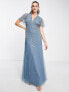 Фото #1 товара ASOS DESIGN flutter sleeve maxi dress with trailing floral embellishment in blue